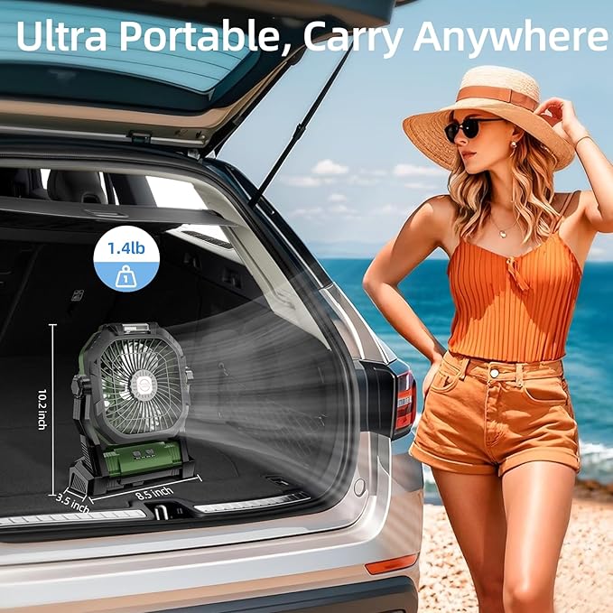 Camping Fan Rechargeable, 20000mAh Battery Powered Portable Fan with LED Light, 4-Speed 180° Adjustable, Camping Essentials for Tent, Travel, Car, Outdoor, Indoor, BBQ, Fishing, Jobsite - Green