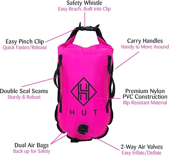 HUT Swim Buoy Dry Bag - UK's Favorite Tow Float and Watertight Dry Bag for Open Water Swimmers, Triathletes. High Visibility Safety Swim Buoy, Two air Chambers – be seen be Safe.