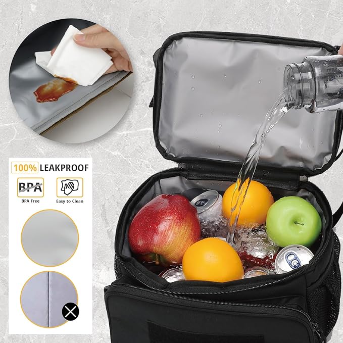 ATRIPACK 2 Compartment Lunch Bag for Men Adult, Tactical Lunch Box Leakproof Insulated Large Cooler Bag for Work with Adjustable Shoulder Strap Flag Double Layer Lunch Pail(Black)