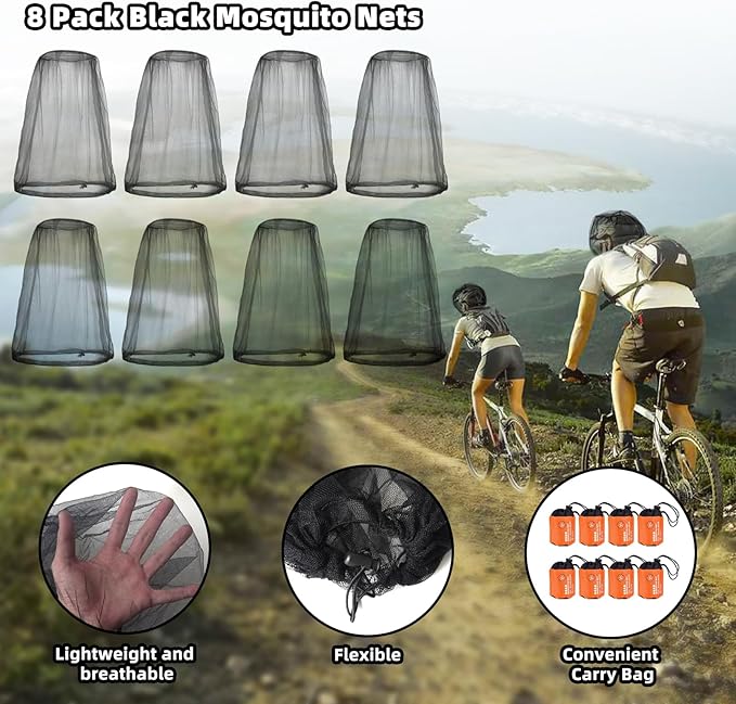 Wholelovein 8 Pack Black Mosquito Covers Wearable Head Net Face Mesh Protecting Net Mosquito Fly Insects Bugs Preventing for Outdoor Hiking Camping Fishing