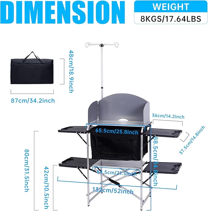Nice C Camping Kitchen Station, Camping Table, Picnic Table, Grill Table, Folding Table, Upgrade Light Stand and Windshield Cooking Station & Organizers, Carry Bag for Beach, Picnic (Silver/Black)