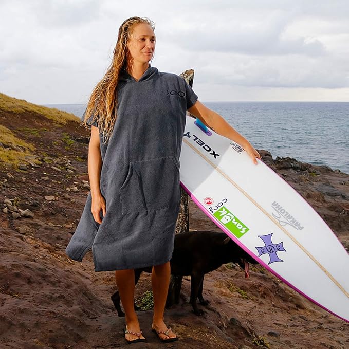 COR Surf Poncho Changing Towel Robe with Hood and Front Pocket | Thick Quick Dry Microfiber Wetsuit Poncho Towel for Surfing Beach Pool Swim (Large Dark Gray)