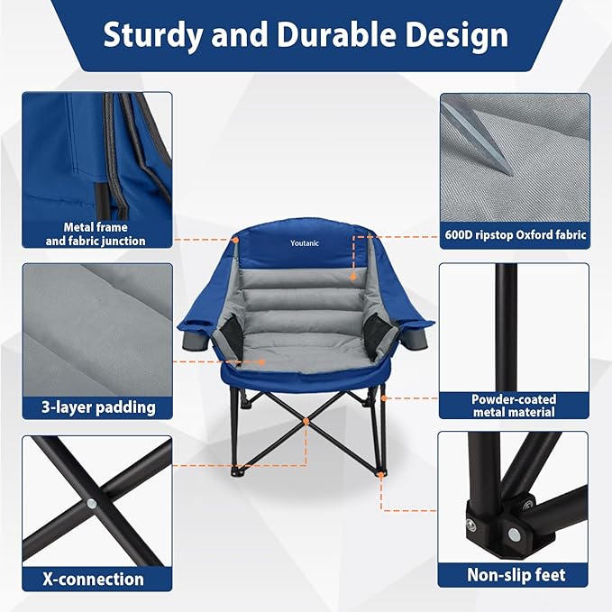 Oversized Camping Chair, Portable Folding Camping Chairs with Side Pocket, Cup Holder and Carry Bag, Heavy Duty Outdoor Camping Chairs for Adults, Fishing, Sports, Trip, up to 400lbs, Style 6