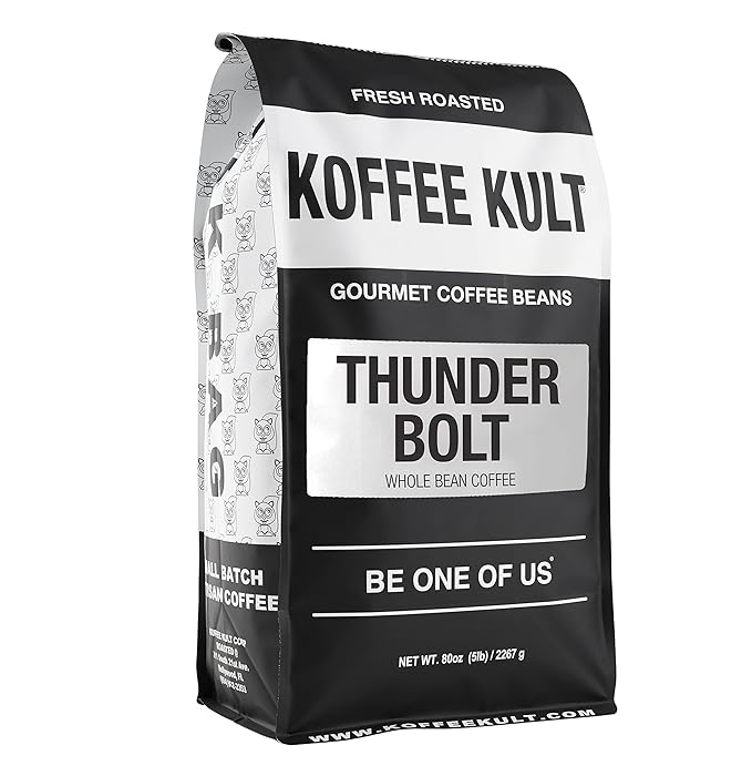 Koffee Kult Thunder Bolt Dark French Roast Whole Bean Coffee Small Batch 100% Arabica Gourmet Blend, Bold and Well Balanced 80oz Resealable Package