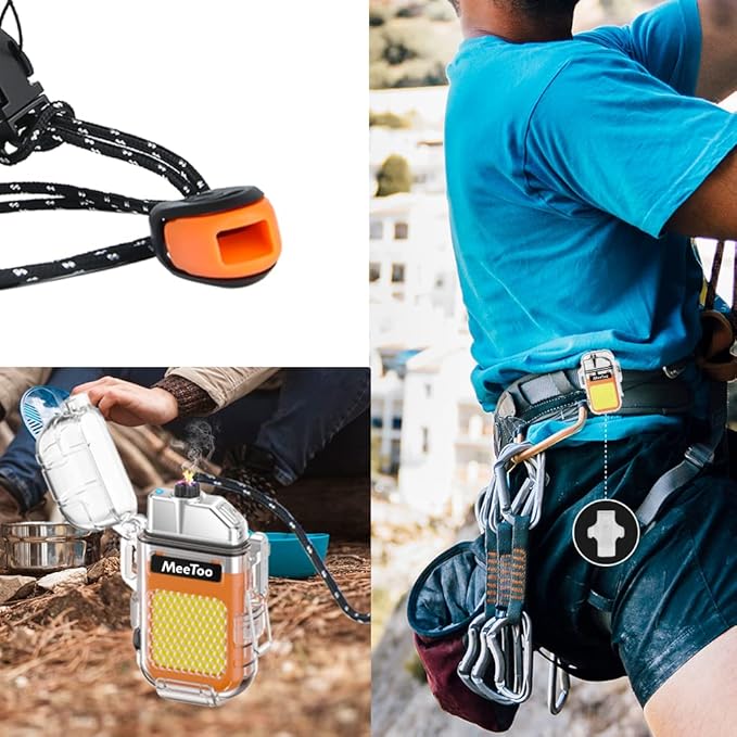 MeeToo Electric Lighter Rechargeable Lighter Waterproof Plasma Dual Lighters 3 Modes of Flashlight Type-C with Survival Emergency Whistle and Lanyard for Candle Camping Outdoor (Orange)