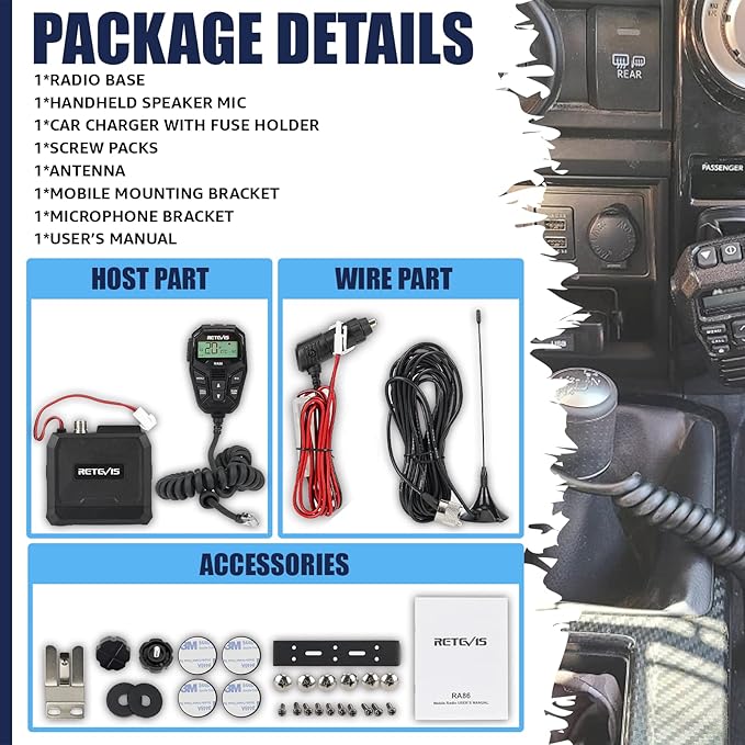 Retevis RA86 GMRS Mobile Radio, 20 Watt GMRS Radio with Antenna, NOAA 30 Channel GMRS Repeater, Easy to Install with Full Hardware, Mobile GMRS Two Way Radio, for Offroad Jeep