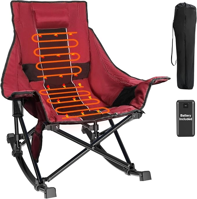 Slendor Oversized Rocking Camping Chair, XL Heated Camping Chair w/ 3 Levels Heat for Back+Seat, Padded Rocking Lawn Chair with 20000 mAh Power Bank, Pillow, Side Pocket, Carry Bag, Wine Red