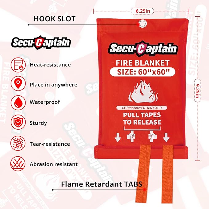SecuCaptain Emergency Fire Blanket for Home - 60"x60" X-Large Flame Retardant Blankets with Fireproof Tabs for House Camping Kitchen Fire Protection Survival Safety