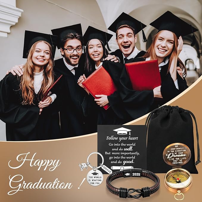 Quelay 5 Pcs Compass Graduation Gift Class of 2025 Engraved Compass Keychain Leather Stainless Steel Knot Bracelet Inspirational Card and Drawstring Bag High School College Graduation Gifts for Him