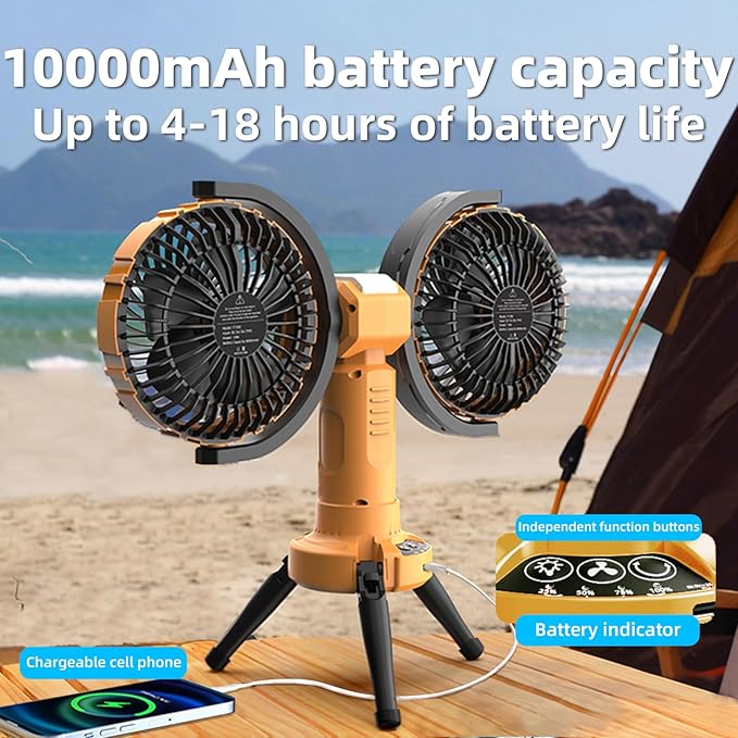 Outdoor Camping Fan with LED Light,8000mAh Rechargeable Battery Powered with Hook Tent Fans,270° Oscillating 360° Rotation Portable Tripod Beach Fan for Canopy,Travel,Fishing,Home,Yellow