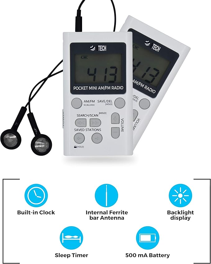 BTECH MPR-AF1 AM FM Personal Radio with Two Types of Stereo Headphones, Clock, Great Reception and Long Battery Life, Mini Pocket Walkman Radio with Headphones (White)