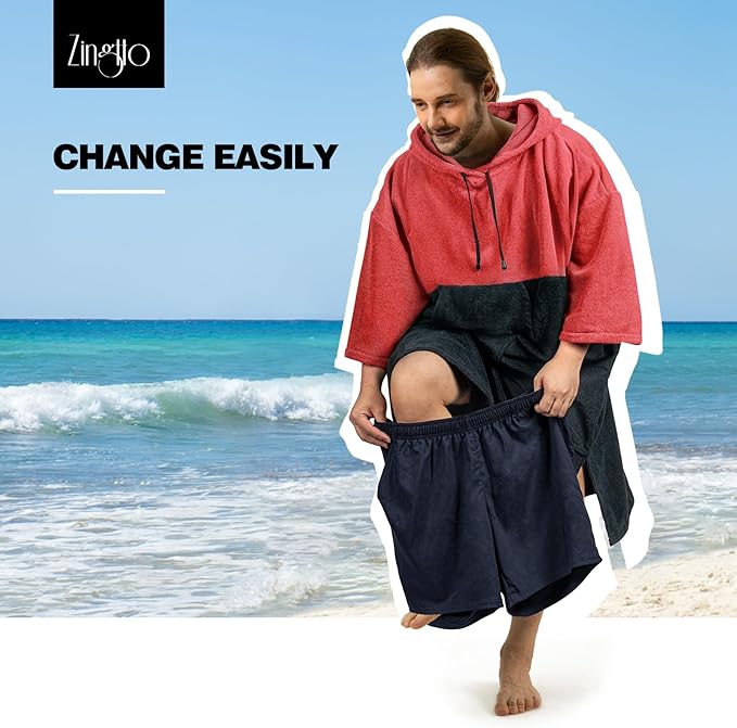 Surf Poncho Changing Robe, 3/4 Sleeve Extra Large Thick Hoodie Towel Poncho for Men Women Beach Swimming, 43" x 35", Black Coral Red