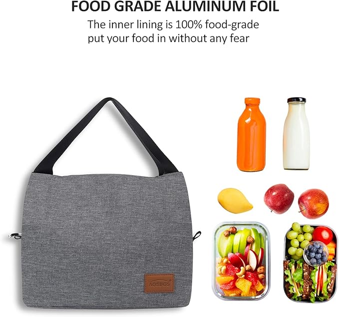 Aosbos Insulated Lunch Bag for Women, Men & Adults - Small Lunch Box, Leakproof Tote Cooler Box for Work/Office/Picnic,loncheras para mujer loncheras para hombres,Gray