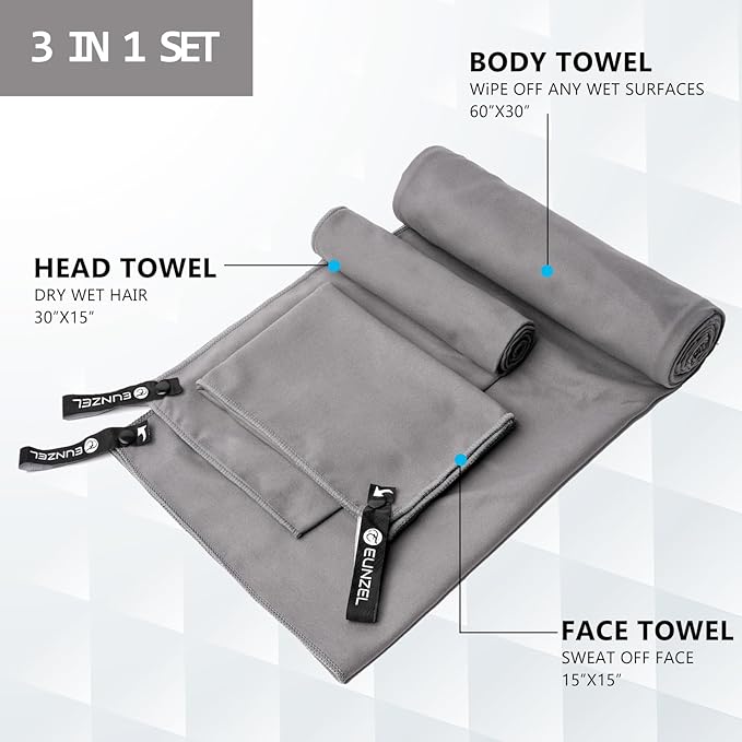 Eunzel Quick Dry Camping Towel, Microfiber Travel Towel 3 Size at 1 Pack,Fast Drying Towel Set for Camping, Beach, Gym, Sports, Yoga & Swimming Pool, Dark Grey/Grey