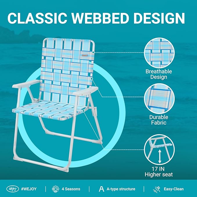 #WEJOY Folding Beach Chair for Adults, Lightweight Beach Chair with Shoulder Straps, High Back Beach Chairs with Hard Armrest, Supports 300lbs for Beach Lawn Concert