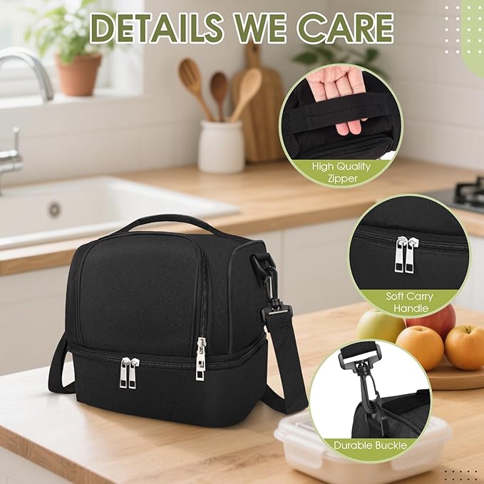 Lunch Box Lunch Bag for Women Men Reusable Insulated Lunch Bag Women Lunch Cooler Tote Bags with Adjustable Shoulder Strap for Office Work Picnic Travel, Black