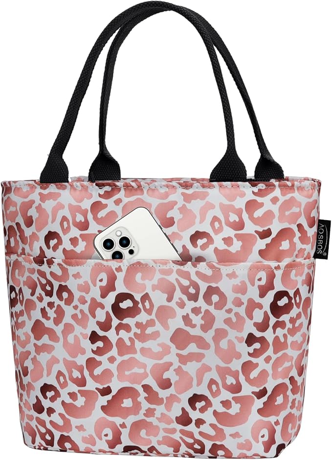 Aosbos Leopard Lunch Bag Women Lunch Bags for Adult Lunch Box for Women Insulated Lunch Tote Bag Lunchbox Portable Cooler Bag Bento Box Bag for Work, Pink Leopard Print