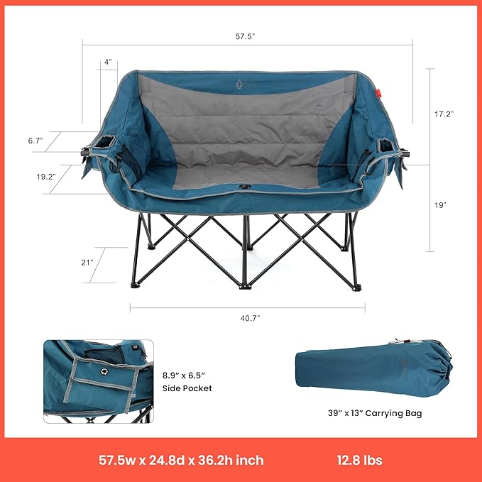 ARROWHEAD OUTDOOR 57" Wide Duo Foldable Heated Camping Loveseat Chair with 3-Stage Heating, Large Cup Holders, Glass Holders, Side Pockets, and Storage Pouches