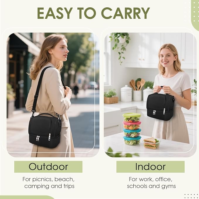 Lunch Box Lunch Bag for Women Men Reusable Insulated Lunch Bag Women Lunch Cooler Tote Bags with Adjustable Shoulder Strap for Office Work Picnic Travel, Black
