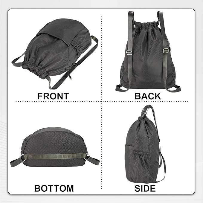 Drawstring Backpack Waterproof Small Gym Bag for Women String Backpack, Sports Gym Sack Cinch Bag with Multi Pockets (Grey)