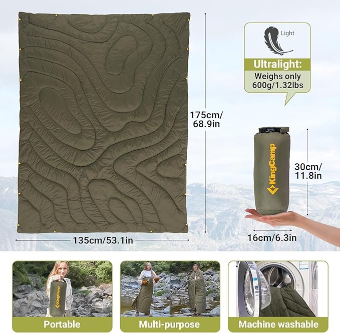 KingCamp Lightweight Camping Blanket - Stylish & Multifunctional Quilt with Snap Button, Portable for Travel, Airplane, Indoor & Outdoor - Provides Warmth - Olive