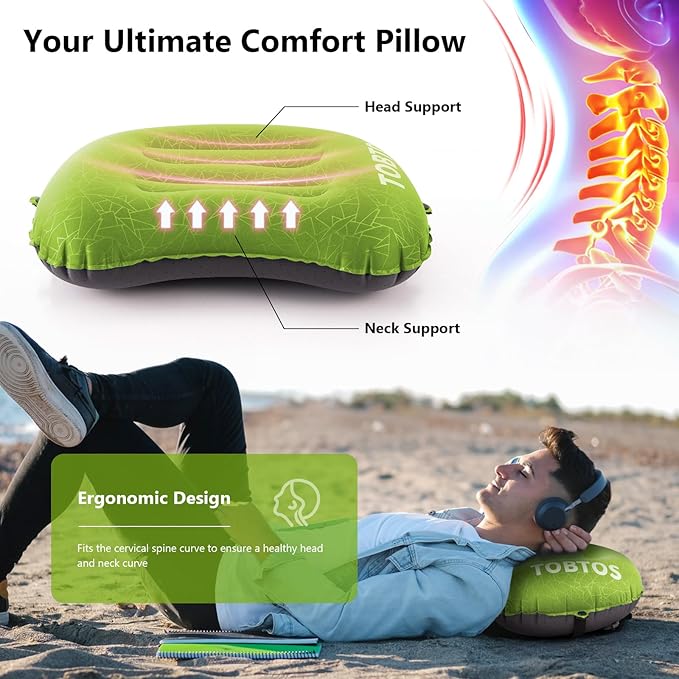 TOBTOS Camping Inflatable Pillow for Camping, Ultralight Backpacking Ergonomic Support for Neck & Lumbar, Blow Up Air Pillow for Travel, Hiking, Outdoor (Green)