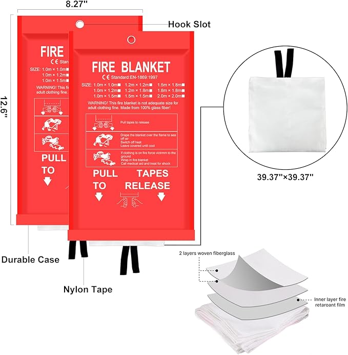 Fire Blanket - 2 Pack 40" x 40" Fire Blanket for Home and Kitchen, Flame Suppression Fiberglass Fire Blankets for House, Camping, Grill, Car, Office, Warehouse, Emergency Fire Blanket