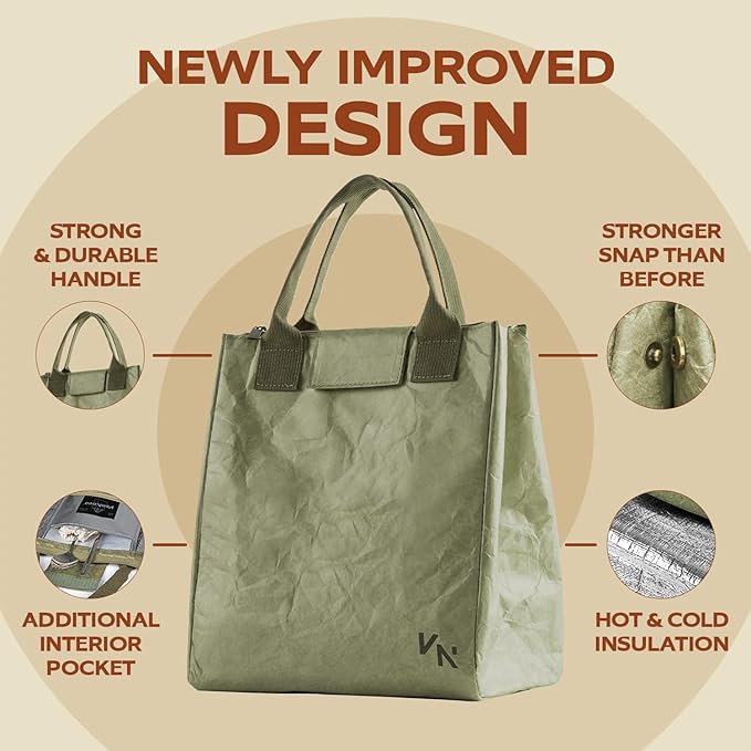 VonNova Insulated Lunch Box for Women, 7L Capacity, Leakproof Lunch Tote Bag, Durable Lunchbox made from Tyvek Material, Adult Cooler Bag for Work, Picnic, Travel and more (Olive Green)