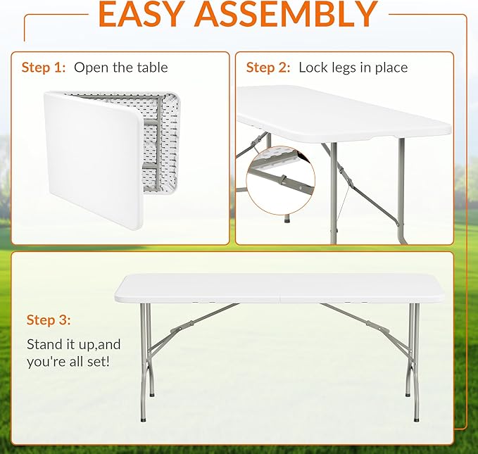 Folding Table, 6 Feet Heavy Duty Fold-in-Half Utility Table Indoor Outdoor for Camping, Picnic, Party