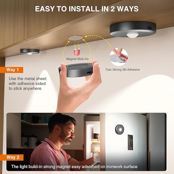 Puck Lights with Remote Control,2000mAh Rechargeable Under Counter Lighting,3 Color Temperatures Dimmable Under Cabinet,Closet Light,3Pack Tap Light for Hallway (Dark Grey, 3 Pcs)
