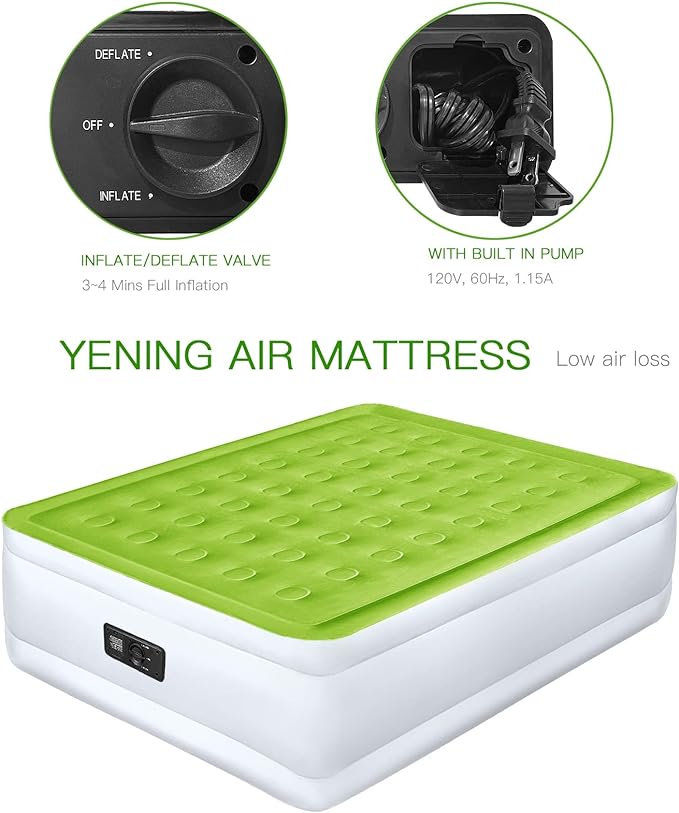 YENING Queen Size Air Mattress with Built in Pump Raised Inflatable Bed Heavy Duty Blow up Matressith Airbed 18 Inch Tall