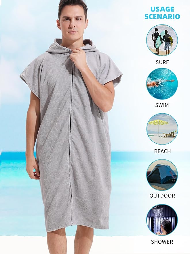 Surf Poncho Hooded Changing Towel Swim Robe with Zipper Plus Size Terry Cloth Swim Cover Up for Adults Men Women Towel Poncho Hoodie surfing accessories(Black) (Grey)