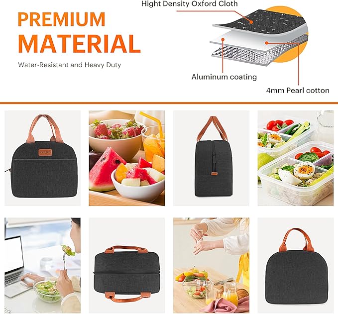 Lunch Bag for Women & Men Adult Insulated Lunch Box, Small Leakproof Cooler Food Lunch Containers Reusable High Capacity Lunch Tote Bags for Work, Travel, Outdoor (Black)