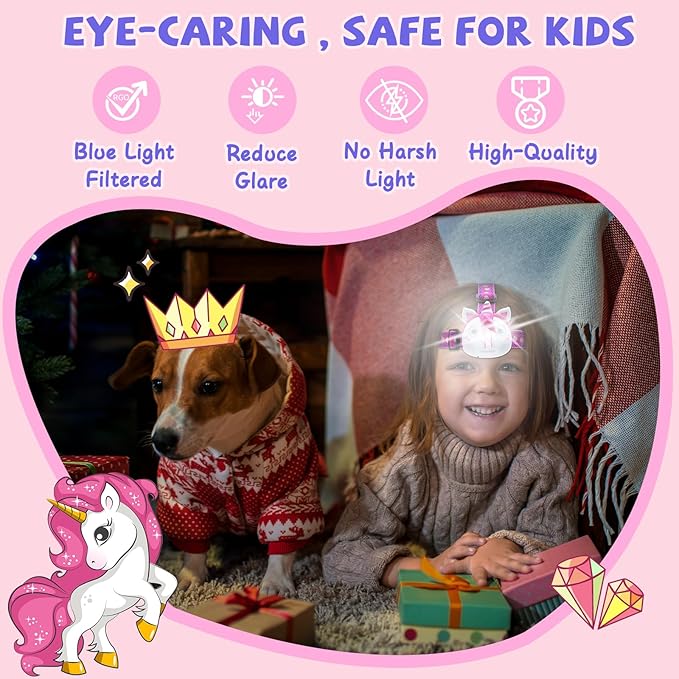 Unicorn Headlamp for Kids, Kids Toys for 3-10 Years Old Girls, LED Headlamp Toys with Elastic Headbands, Perfect Kids Christmas Stocking Stuffers, Gift for Camping, Hiking, Reading, Sleepovers