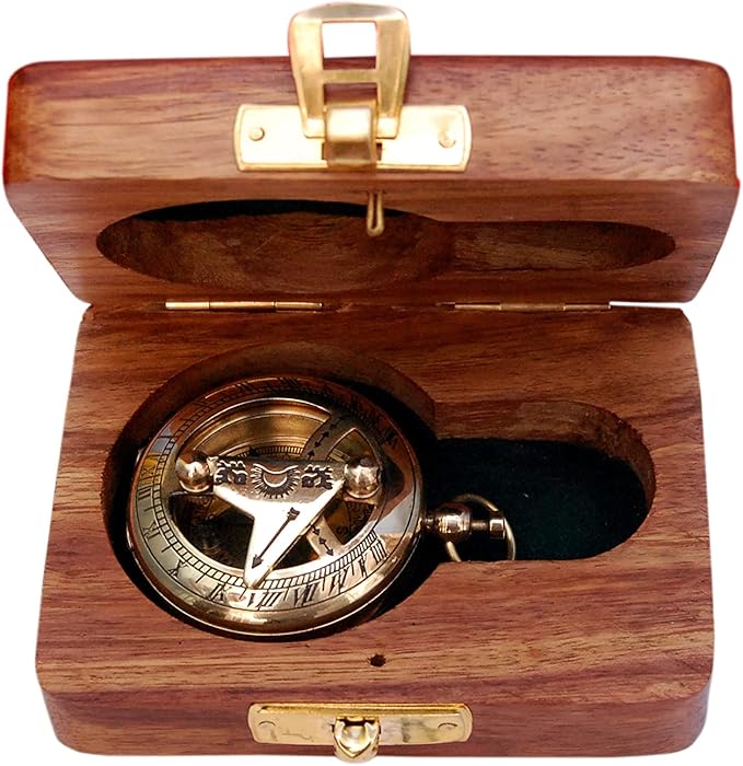 Brass Nautical Compass with Wooden Case - Antique Brass & Copper Sun Clock for Camping, Hiking, Touring - Engraved Gift for Him - Nautical Clock - Compass Gift