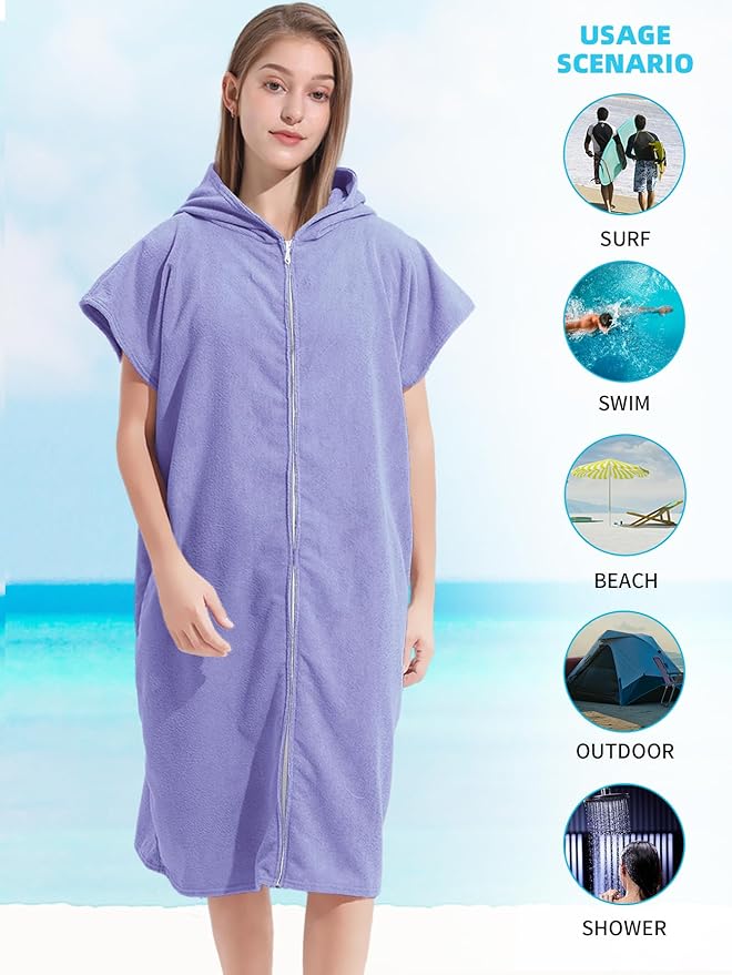Surf Poncho Hooded Changing Towel Swim Robe with Zipper Plus Size Terry Cloth Swim Cover Up for Adults Men Women Towel Poncho Hoodie Surfing Accessories(Black) (Purple)