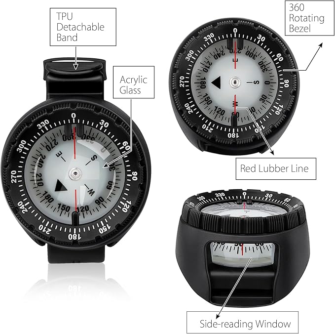 Scuba Compass, Professional Waterproof 5ATM Dive Wrist Compass with TPU Band for Outdoor Sports Diving, Sailing, Hiking, Survival Emergency