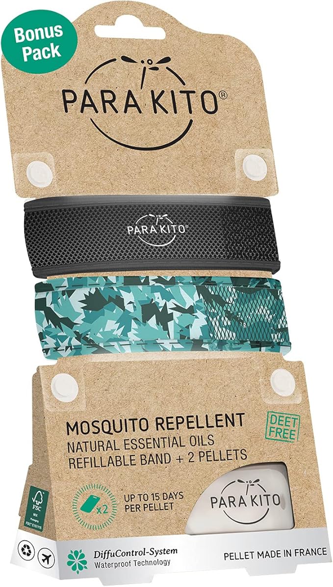 PARA'KITO Mosquito Repellent Bracelets + Refill Pellets Bundle, Mosquito Bracelets, Peppermint Oil, DEET Free Mosquito Repeller, Hiking Accessories, 2 Wristbands & 2 Refills (Black + Conceal)