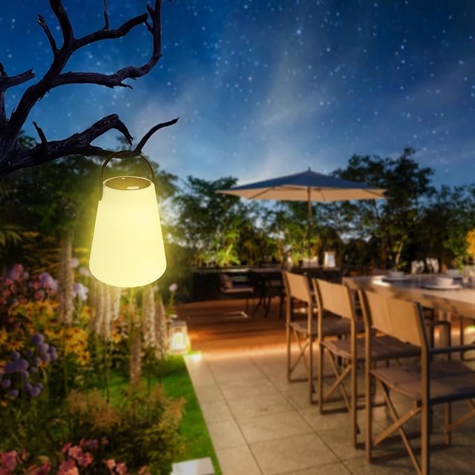 Solar Outdoor Table Lamp: Waterproof, Cordless Lantern, Rechargeable, LED Light Source with 5 Adjustable RGB Colors - Ideal for Patio, Yard Parties, and Family/Couples Camping