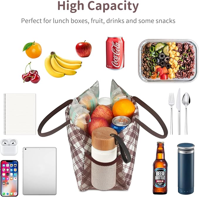 Lunch Bag Lunch Box for Women Men Reusable Insulated Cooler Lunch Tote Bags, Leakproof Cute LunchBag Large Capacity for Work Travel Picnic,Brown Grid