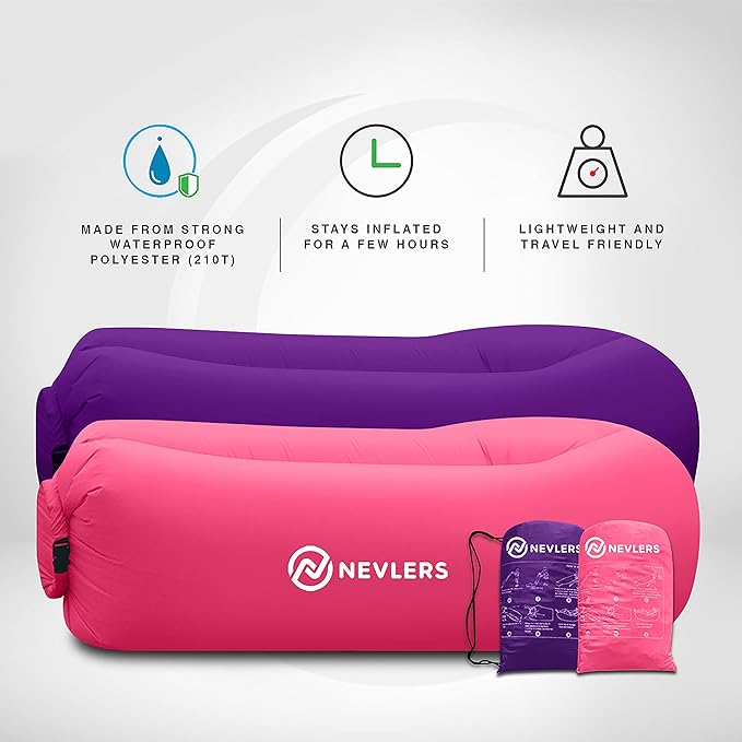 Nevlers 2 Pack Inflatable Loungers Air Sofa Couch | Perfect for Beach Chair Camping Chairs or Portable Hammock |Travel Bag Pouch, Pegs & 3 Pockets| Movie Seating & Camping Accessories Blow Up Lounger