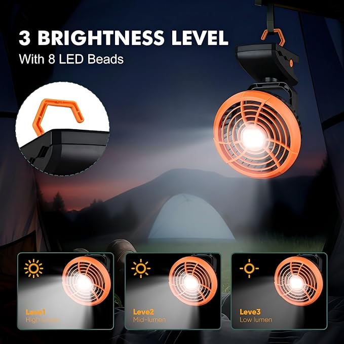 Durapower Clip-on Camping Fan with LED Lantern, Magnetic Base & Hanging Hook – Ideal for Travel, Tent, RV, Picnic, Treadmill, Stroller, Golf Cart & Home