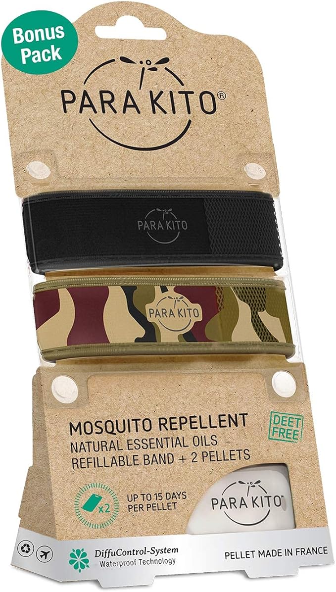 PARA'KITO Mosquito Repellent Bracelets + Refill Pellets Bundle, Mosquito Bracelets, Peppermint Oil, DEET Free Mosquito Repeller, Hiking and Camping Accessories, 2 Wristbands & 2 Refills (Black+Jungle)