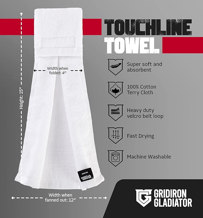 Pure Cotton Football Towel, Youth Men Streamer Towel, Football Towel Quarterback, Sideline Qb Towel with Hook & Loop Closure