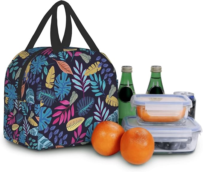 Imiss Blue Tropical Leaves Insulated Lunch Bag for Woman Man Adults, Hawaii Hawaiian Plants Reusable Cooler Lightweight Lunch Cooler Bag with Front Pocket for Picnic Work Office