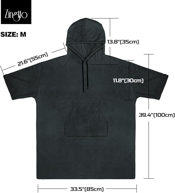 Surf Poncho Changing Robe, 3/4 Sleeve Extra Large Thick Hoodie Towel Poncho for Men Women Beach Swimming, 39"x33", Black