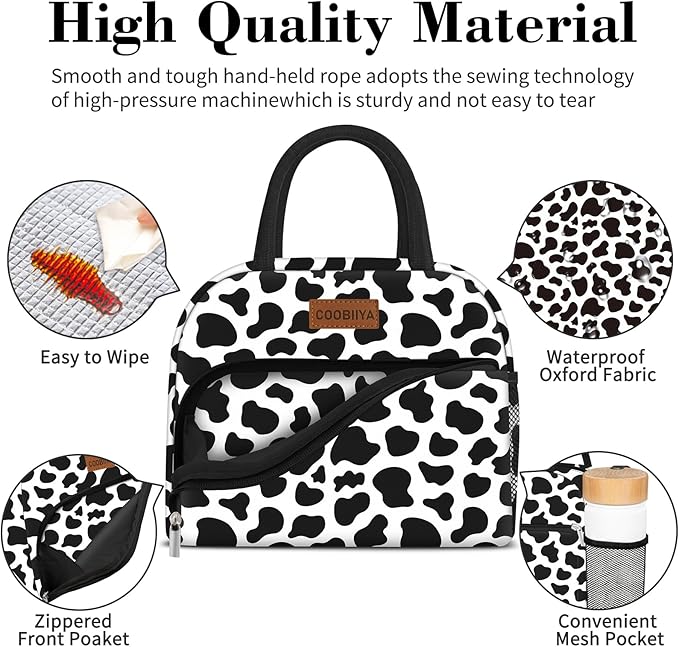 Coobiiya Lunch Bag Women, Lunch Box for Women Adult Men, Small Leakproof Cute Lunch Tote Large Capacity Reusable Insulated Cooler Lunch Container for Work/Office/Picnic/Travel-Cow