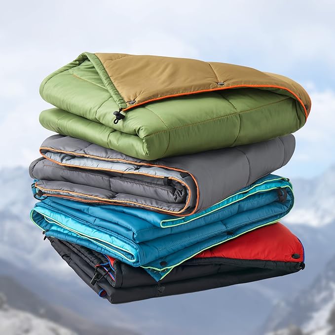 UNIKOME Outdoor Packable Camping Blanket, Lightweight Travel Blanket for Hiking, Camping, Dual-Sides Waterproof Puffy Down Alternative Camping Blanket with Snap Clasps, 75"×52", Army Green&Brown