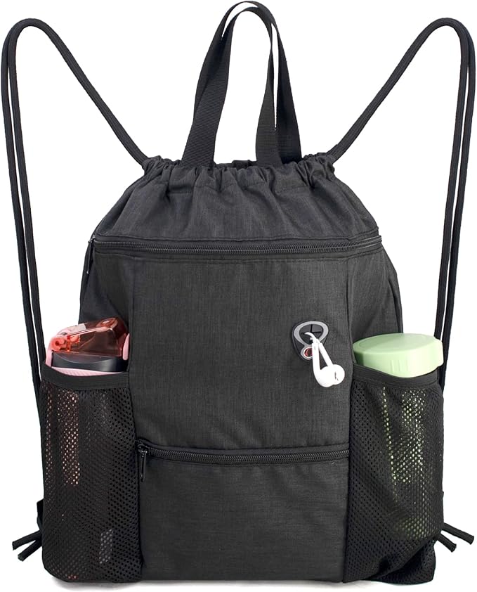 BeeGreen Drawstring Backpack Sports Gym Bag With Shoe Compartment and Two Water Bottle Holder …