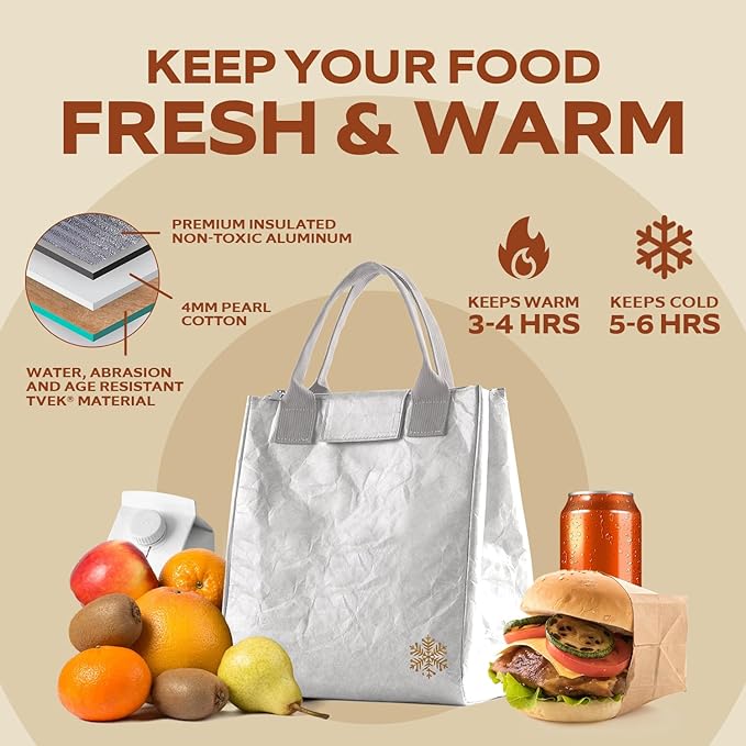 VonNova Insulated Lunch Box for Women, 7L Capacity, Leakproof Lunch Tote Bag, Durable Lunchbox made from Tyvek Material, Adult Cooler Bag for Work, Picnic, Travel and more (Silver)
